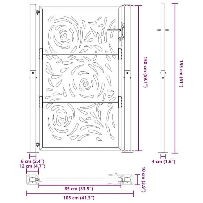 VidaXL Garden Gate Black 105x155 Cm Steel Flame Design, Fence Gate, Outdoor Gate, Metal Gate, 4100991