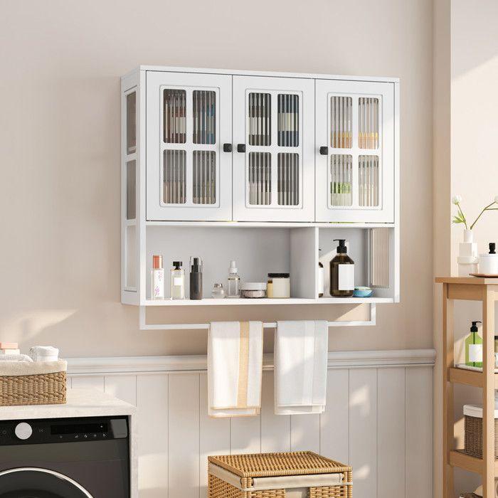 Armoire murale de salle de bain avec compartiments de rangement ouverts et dissimulés, finition blanche