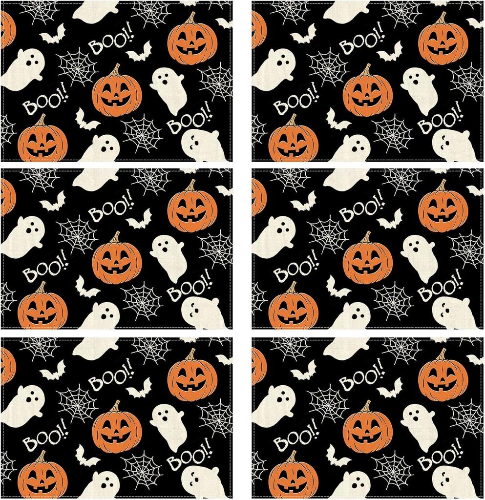 Boo Spooky Ghost Pumpkin Halloween Cloth Placemats Set of 6 Table Mats Table Decorations 12x18 Inch