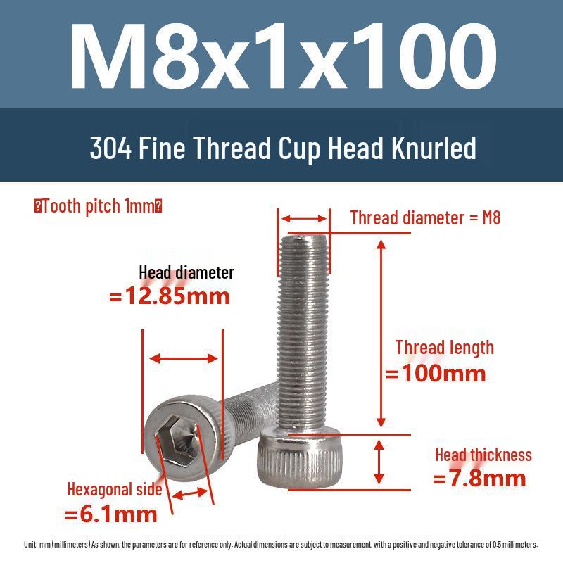 Yigu Fine Thread Knurled Socket Head Screws, 304 Stainless Steel, M3-M12