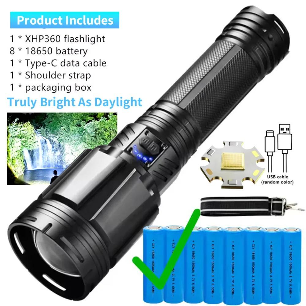 Most Powerful High Power Led Flashlight Use XHP360 Rechargeable Led Strong Light Torch Zoom Outdoor Lantern for Hunting