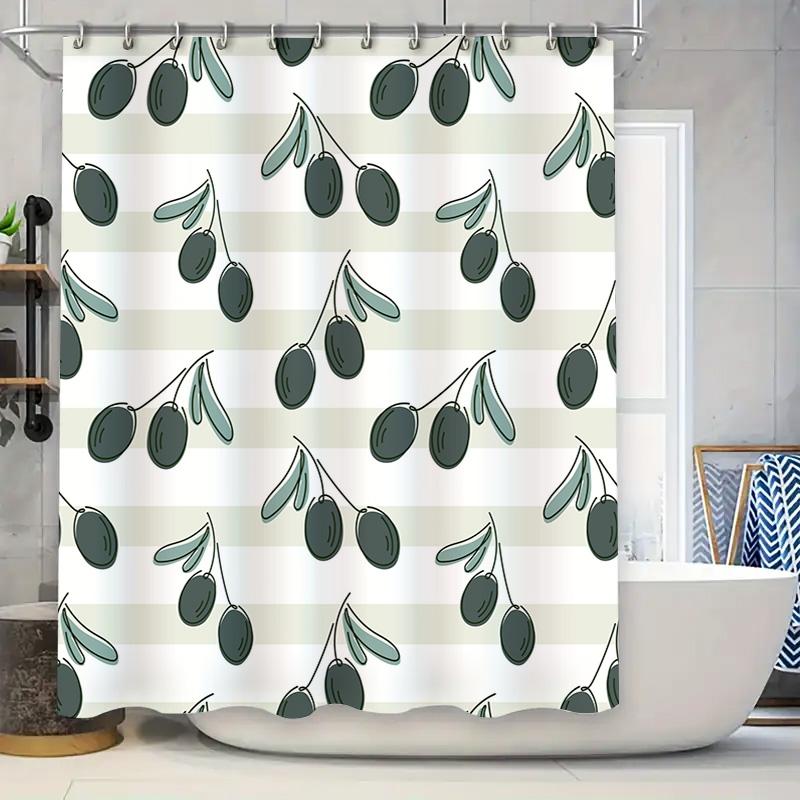 

Modern Olive Pattern Shower Curtain Green White Stripe Fabric Waterproof Bathroom Decor Accessories With Hooks Included W60H190(CM)-1 Pcs