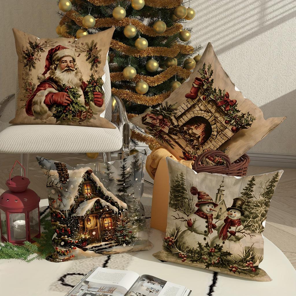 Christmas Decoration Pillow Cover Retro Santa Claus Snowman Pattern Living Room Sofa Cushion Cover Home Farmhouse Decoration