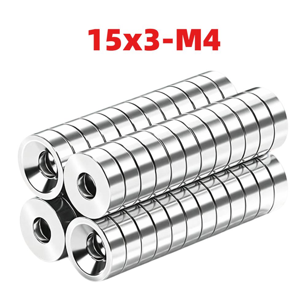 15x3mm Countersunk Round Disc Magnets with 4mm Hole, Multipurpose Flat Magnetic Pieces for Refrigerator Decoration, Office