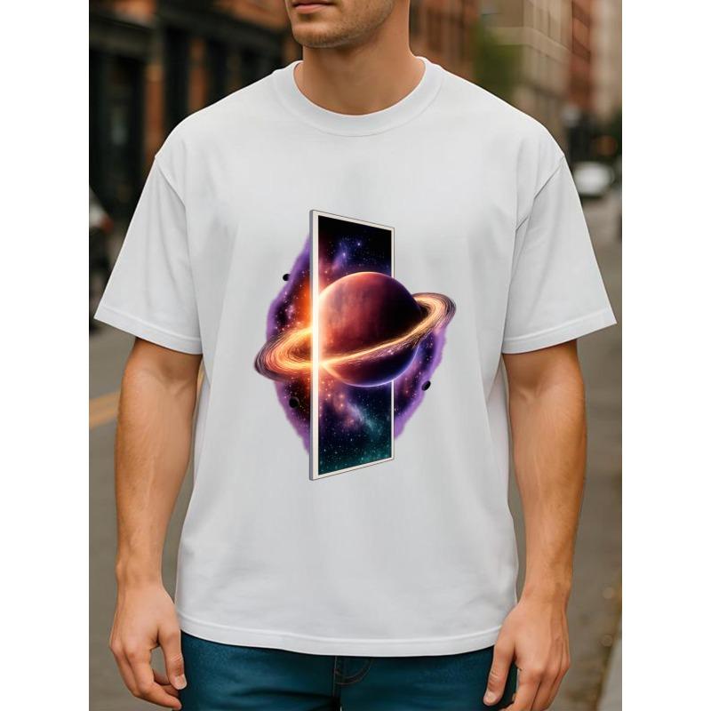 European sizes Planet Universe Starry Sky Print, Suitable for Daily and Home Wear. Round-neck Top, Lightweight Round-neck Short-sleeved