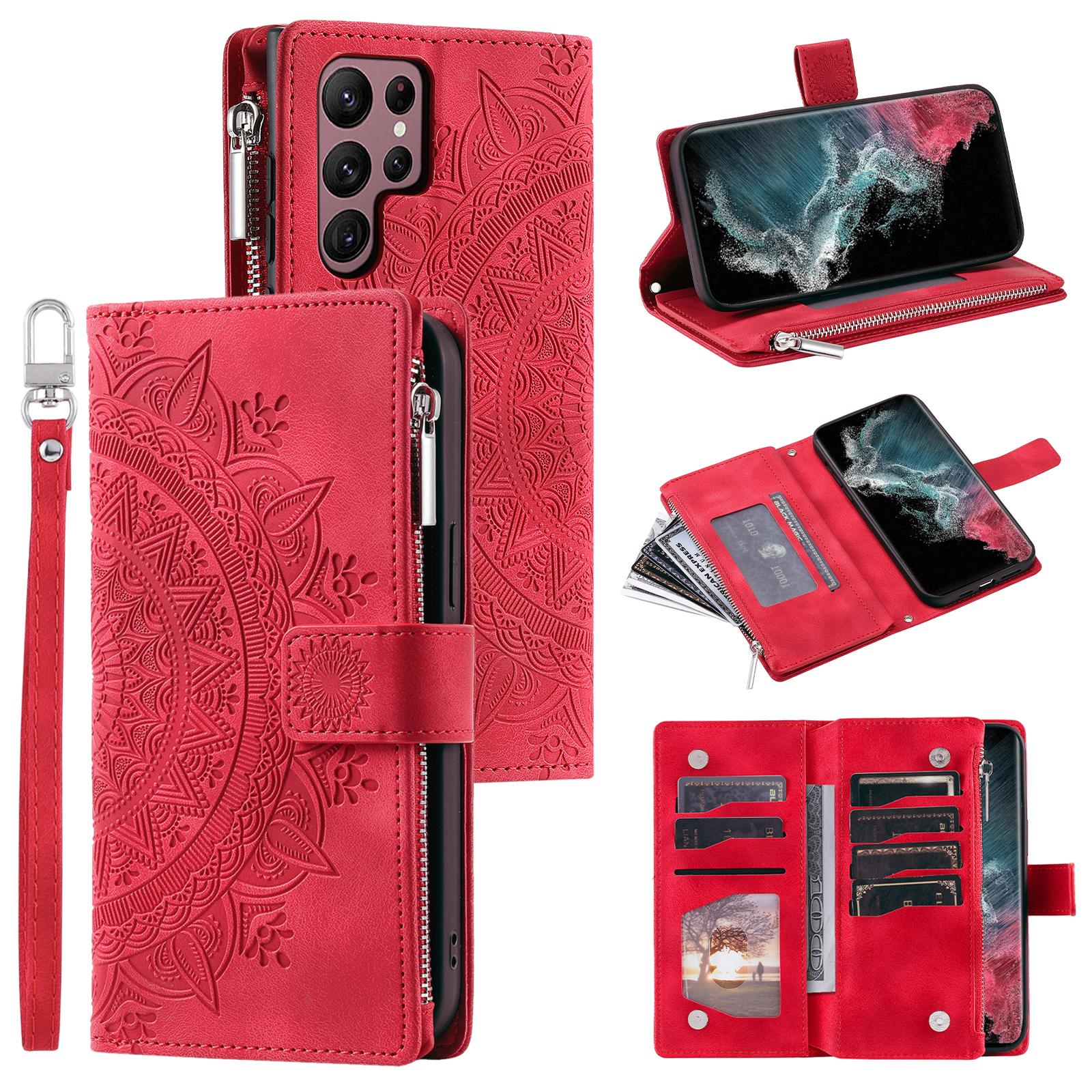 

For Samsung Galaxy S24 Ultra Case Imprinted PU Leather Phone Cover Wallet with Strap Red