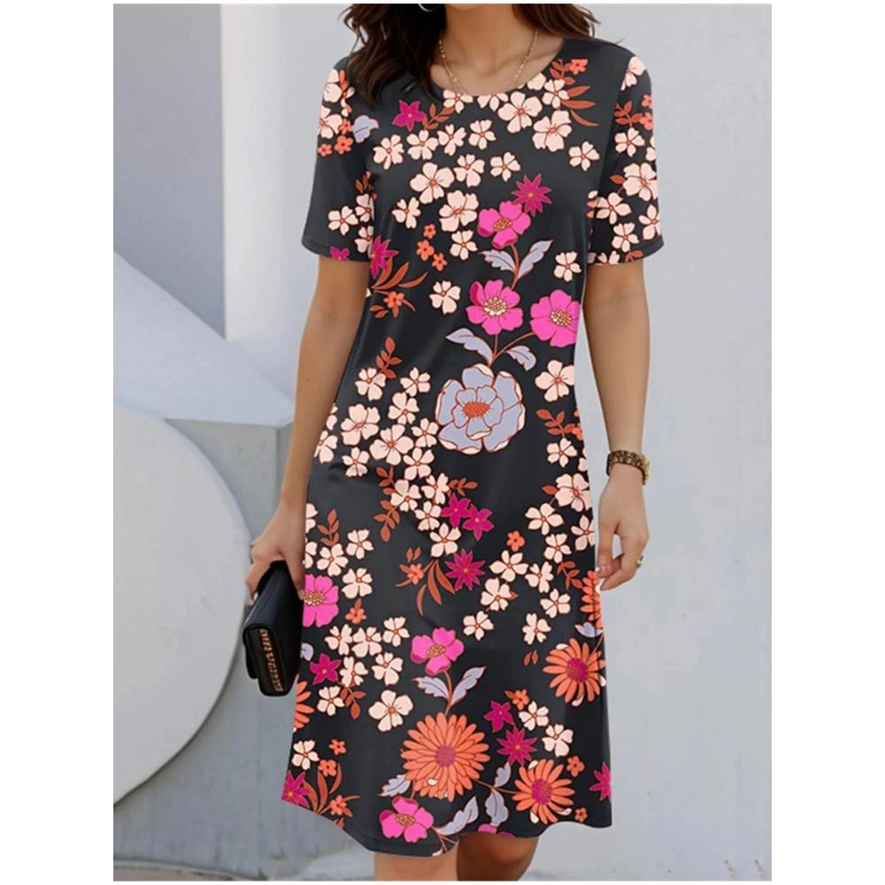 Color Conflict Women's Dress Short-sleeved Dress 3d Floral Print Party Street Wear Elegant Pullover Summer Casual Loose Dress