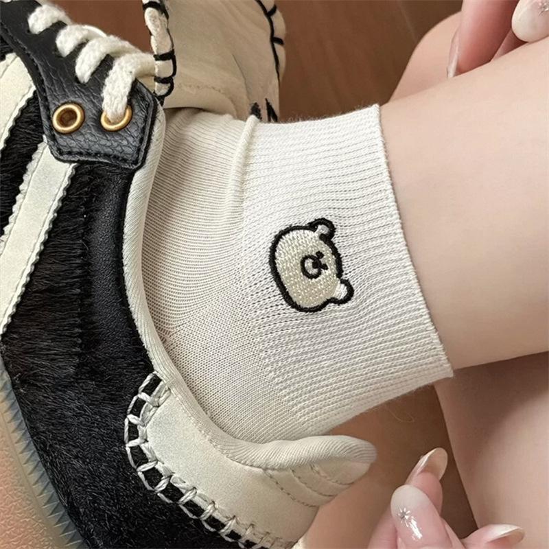 Female Summer Thin Lovely Cotton Boneless Bear Embroidered Short Tube Socks