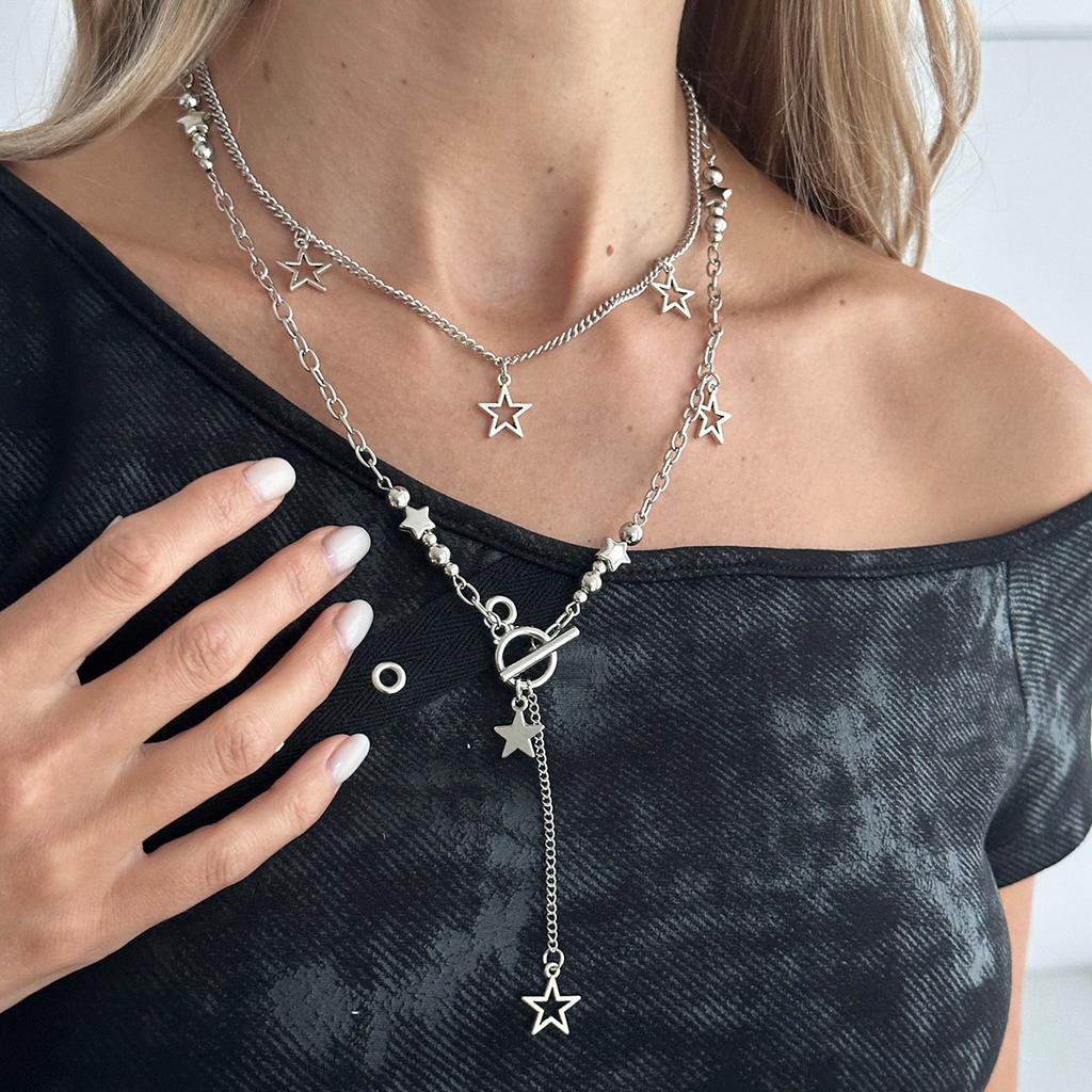 Hip-Hop Style Shiny Star Pendant Necklace, Fashionable Five-Pointed Star Rhinestone Chain Stacked Necklace.
