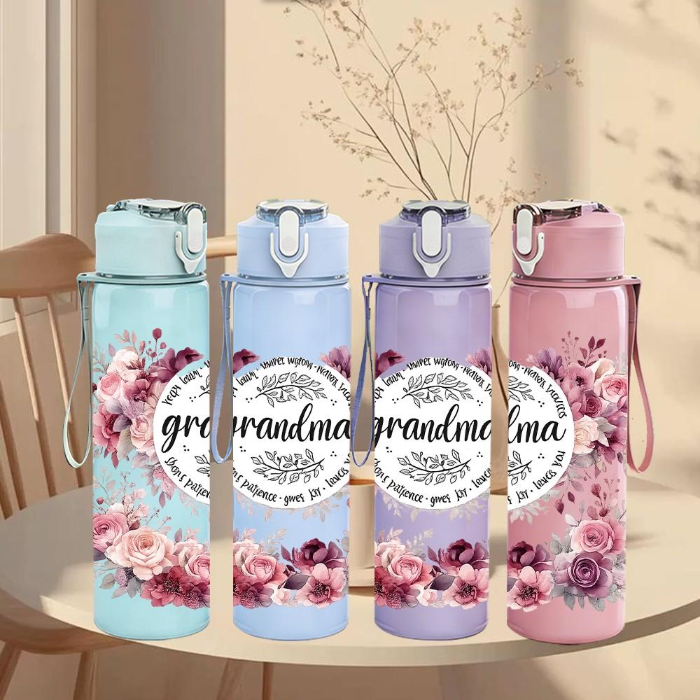 1PC Grandma Vintage Floral Wreath Art 750ml Color Plastic Sports Water Bottle Leakproof Flip Straw Lid Suitable for Sports Office Home Use