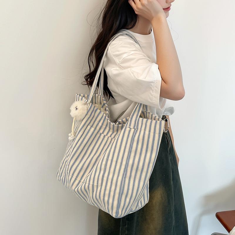 Striped Canvas Bag Women's Large-capacity Summer New Casual Shoulder Bag College Student Class Tote Bag