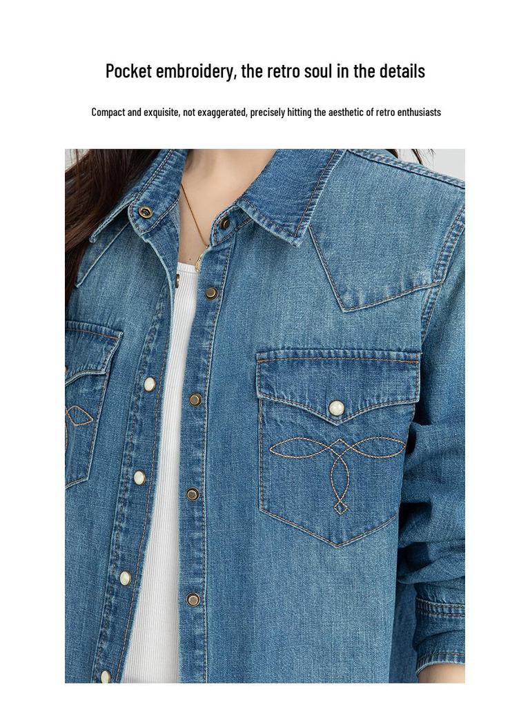 Yi Fei Women's Loose Casual Denim Shirt, Slimming Versatile Long Sleeve Retro Jacket - 2026 Spring Collection