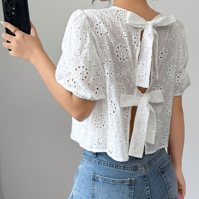 

Women Solid Hollow Slingback Short sleeve Simple Casual Shirts Short sleeve Crochet Top White XXL