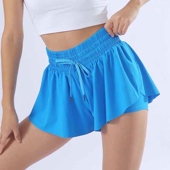 Women Sports Skort Elastic High Waist Adjustable Drawstring Sport Shorts Solid Color Yoga Fitness Shorts