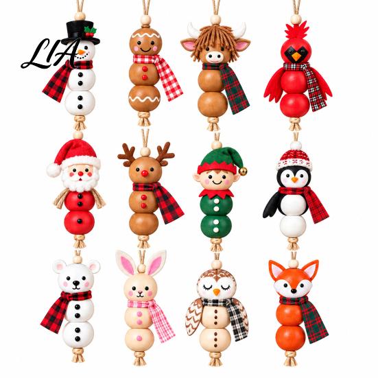 Wooden Bead Craft Kit Christmas Ornament DIY Kit, Make 4 Beaded Pendants, Wood Kits for Holidays Handmade Holiday Hanging Decorations Tree Mantel