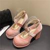 2024 Wildleder Schleifenschuhe Damen Süßes Rosa Mary Jane Schuhe Kreuzriemen Dicke Absätze Schuhe Damen Elegant Kleid Party Pumps
