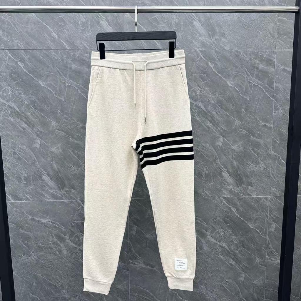 High-Quality Yarn-Dyed Four-Stripe All-Cotton Sweatpants, Unisex Casual Sports Series with Cuffed Long Pants