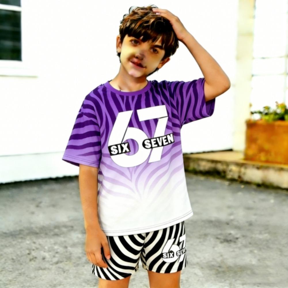 67 Gradient Zebra Color Printed Kids T-shirt and Shorts 2 Piece Set Summer Casual Outfit for Boy's and Girl's Kids Clothing Top