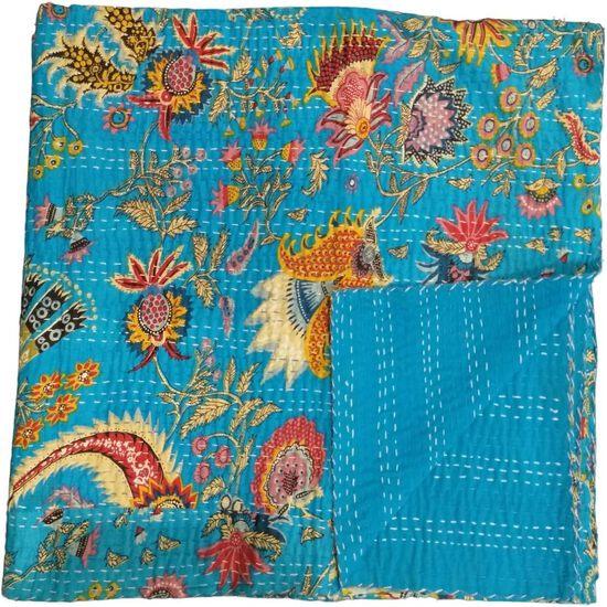 Aizza Trends Handmade Pure Cotton Printed Kantha Quilt  - Traditional Look Bed Spread Kantha Gudri - Vintage Hand Stitch Gudri