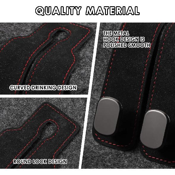 KINIVA Car Seat Headrest Storage Hooks, Set Of 2, Suede PU Leather, Double Hooks (Black)