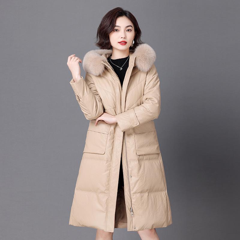 

Женское длинное пуховое пальто из натуральной овчины 2024, Повседневная зимняя куртка с 90% пухом белой утки. 3XL хаки