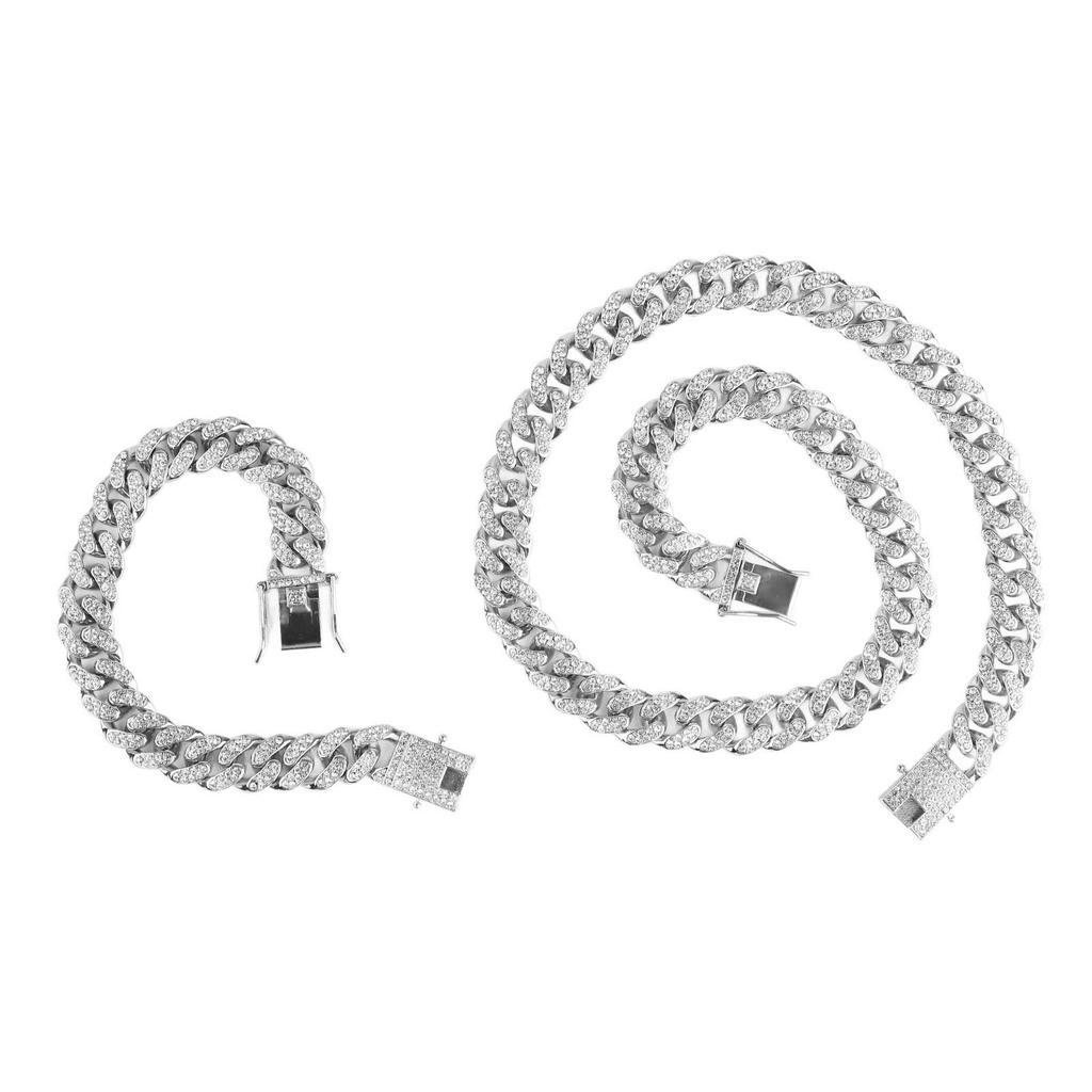 Necklace Bracelet Set Alloy Rhinestone Easy Open Buckle Hip Hop Bracelet Set Silver Gift