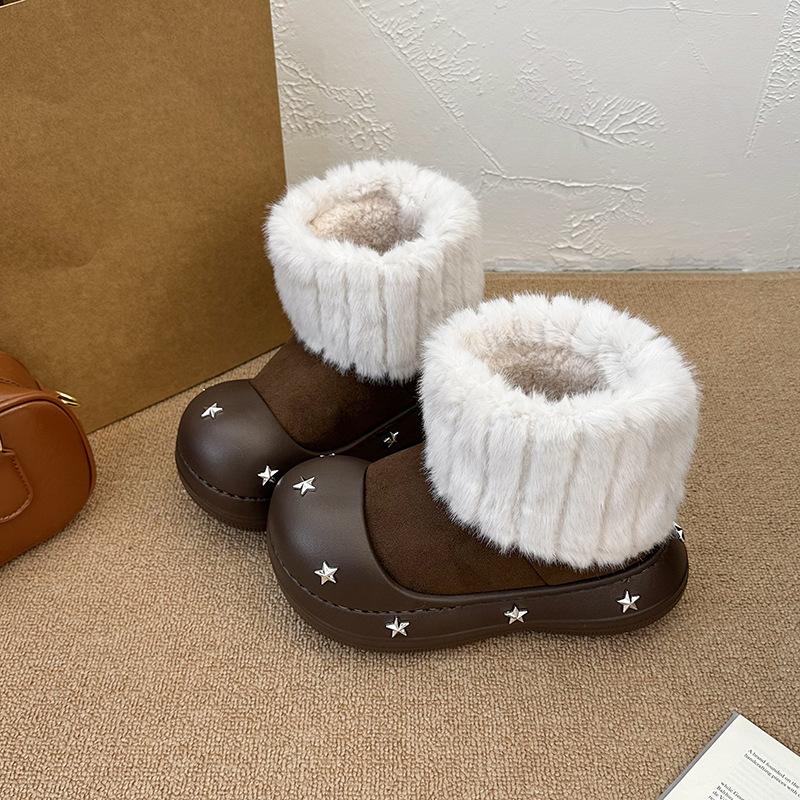 Women's fashion lightweight soft sole winter warm fur one snow boots padded lining non-slip casual sports cotton boots