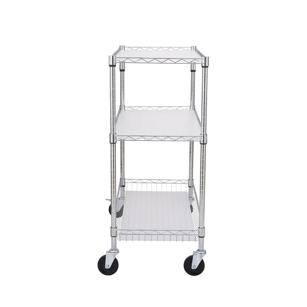 Kitchen Utility Cart, 3 Tiers, Wire Rolling Cart with 661LBS Capacity, Steel Service Cart on Wheels, Metal Storage Trolley with 80mm Basket Curved