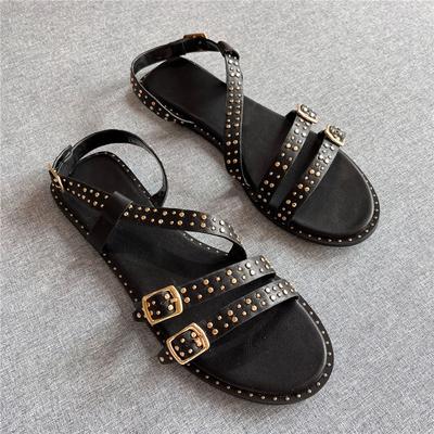 Women's Sandals Summer 2024 Rivets Studded Gladiator Sandalias Black Flat Shoes Ladies Casual Beach Flats Shoe