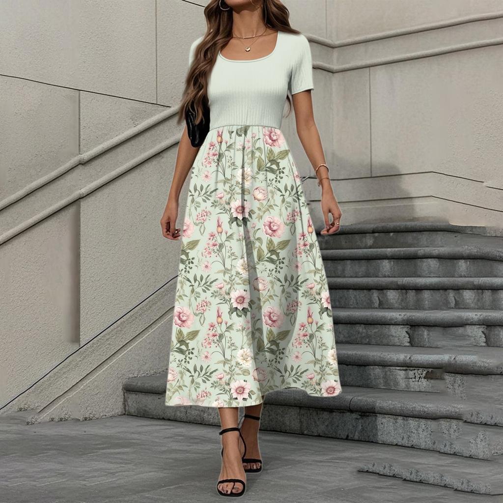 Women's Fashion Casual Short Sleeve Round Neck Splicing Floral Print Elegant Temperament Dress