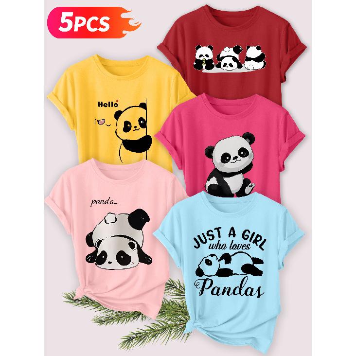 Five-piece set Elegant short-sleeved shirt for women Panda series printed round-neck women's short-sleeve shirt is suitable for spring and summer