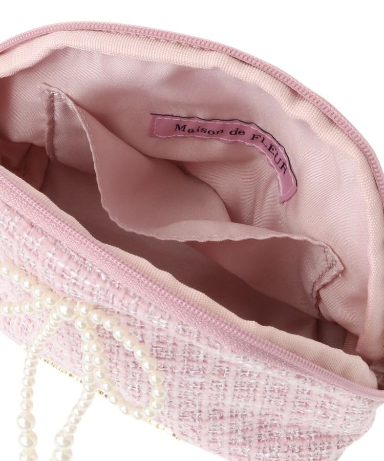 De Apparel Pink Tweed Pearl Ribbon Round Pouch for Pink [Maison Fleur] Women,