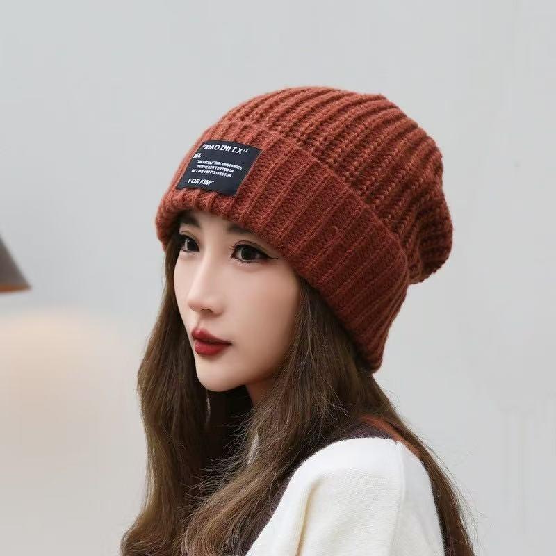 Autumn and Winter New Letters Versatile Big Head Circumference Warm Stack Hat Knitted Wool Hat Women's Thickened Hat