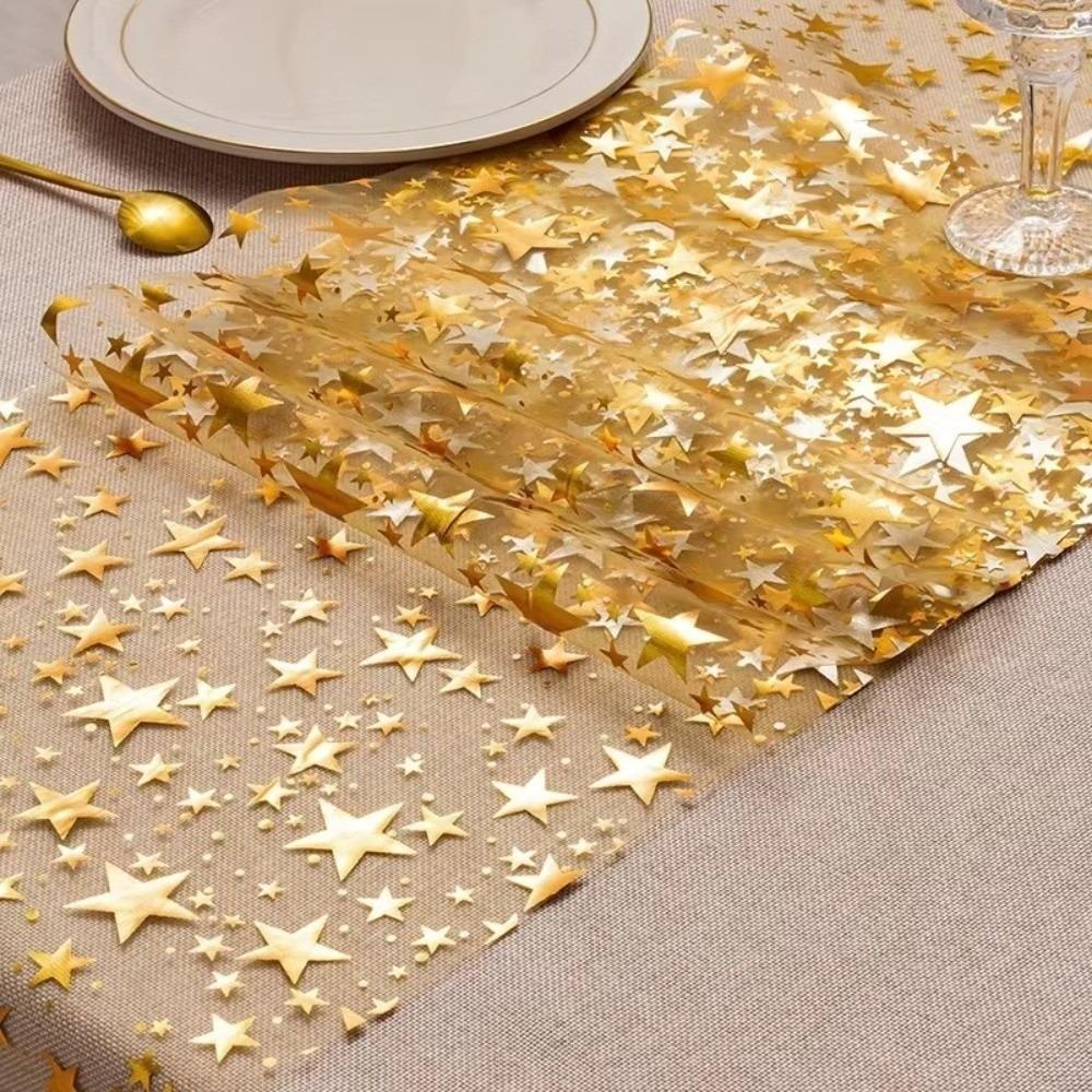 

Thin Mesh Table Runner Glitter Bling Star Tablecloth Dining Table Decoration For Wedding Party 28cmX275cm золотий
