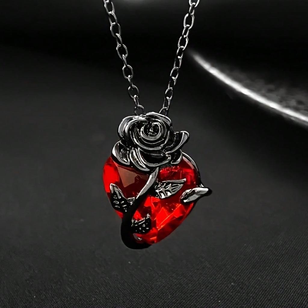 1 Gothic Y2K Red Heart and Rose Pendant Necklace, Women's Casual Fashion Jewelry, Ideal Gift