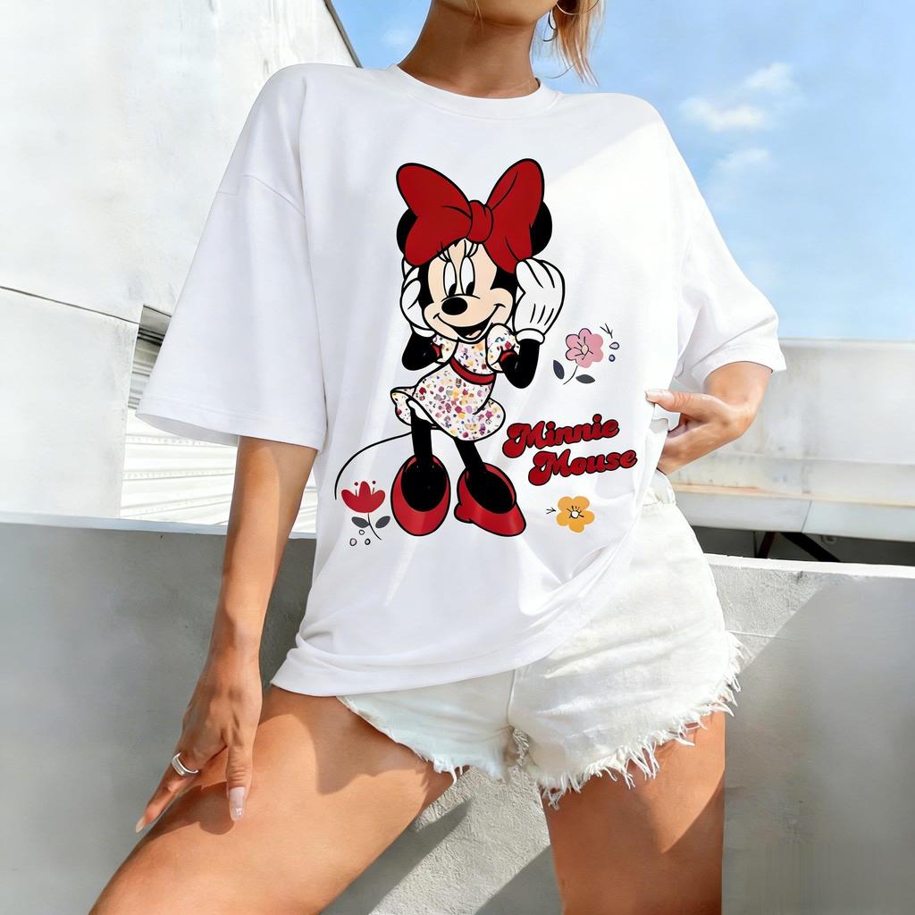 Koszulka damska Disney Myszka Minnie 2026 Lato Vintage Kreskówka Bawełniana T-shirt Casual Krótki Rękaw Top z Nadrukiem Ubrania Y2k