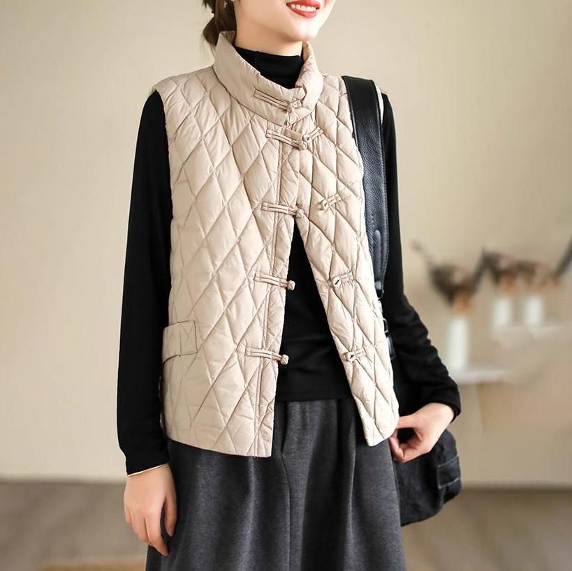 Women Light Weight Thermal Loose Seamlessly Sleeveless Stand Collar White Duck Down Jacket Vest Pocket All Match Chic Waistcoat