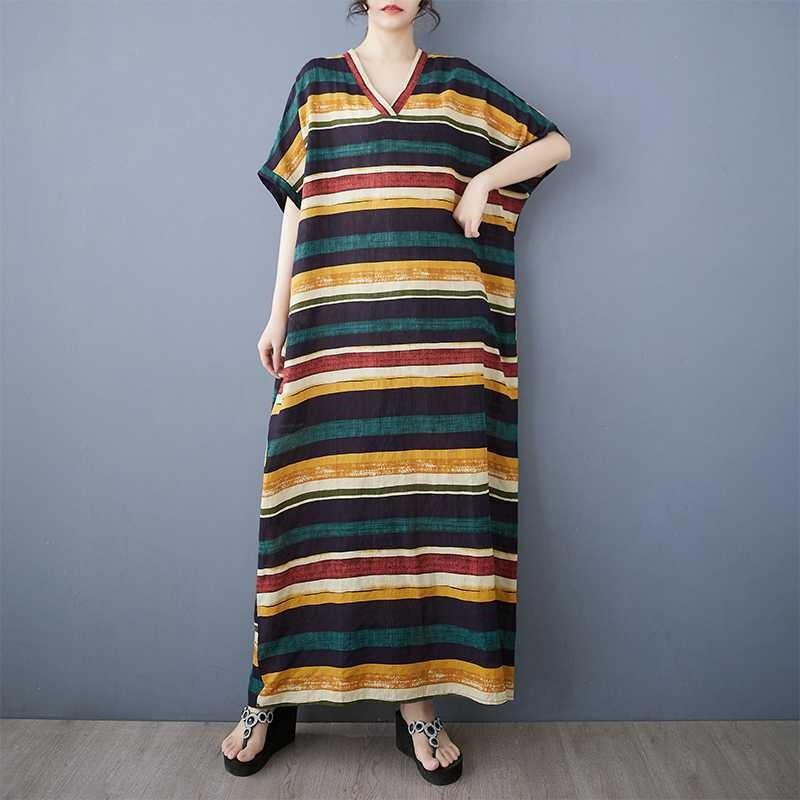 Real Summer New Cotton and Linen Printing V-neck Loose Large Size Simple Holiday Style Long Skirt Women's Beach Skirt Thin