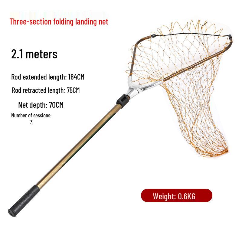 Reinforced Aluminum Alloy Landing Net with Telescopic Handle and Deep Rubber-Coated Net for Large Fish.