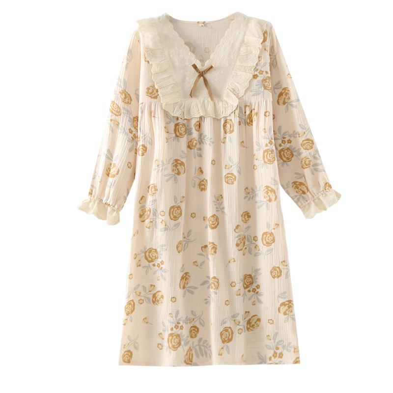 Lace collar nightdress women's spring and autumn summer long-sleeved pure cotton gauze thin sweet princess style home dress can be worn outside