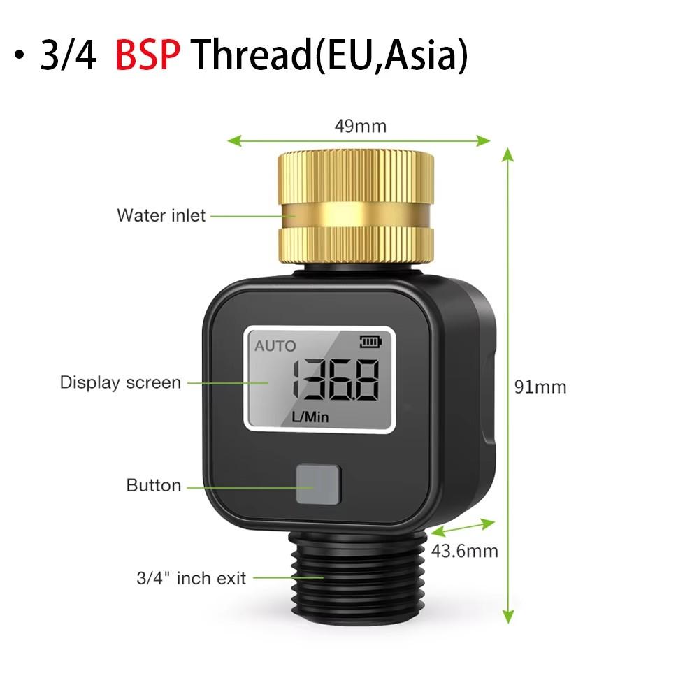 Digital Water Flow Meter IP5X Water Consumption and Flow Rate 3/4'' Faucet Hose Sprinkler for Outdoor Garden Watering Irrigation