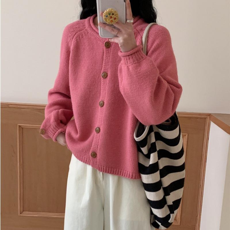 Autumn and Winter New Simple Style Solid Color Versatile Knitted Cardigan Loose Lazy Style Sweater Jacket Top