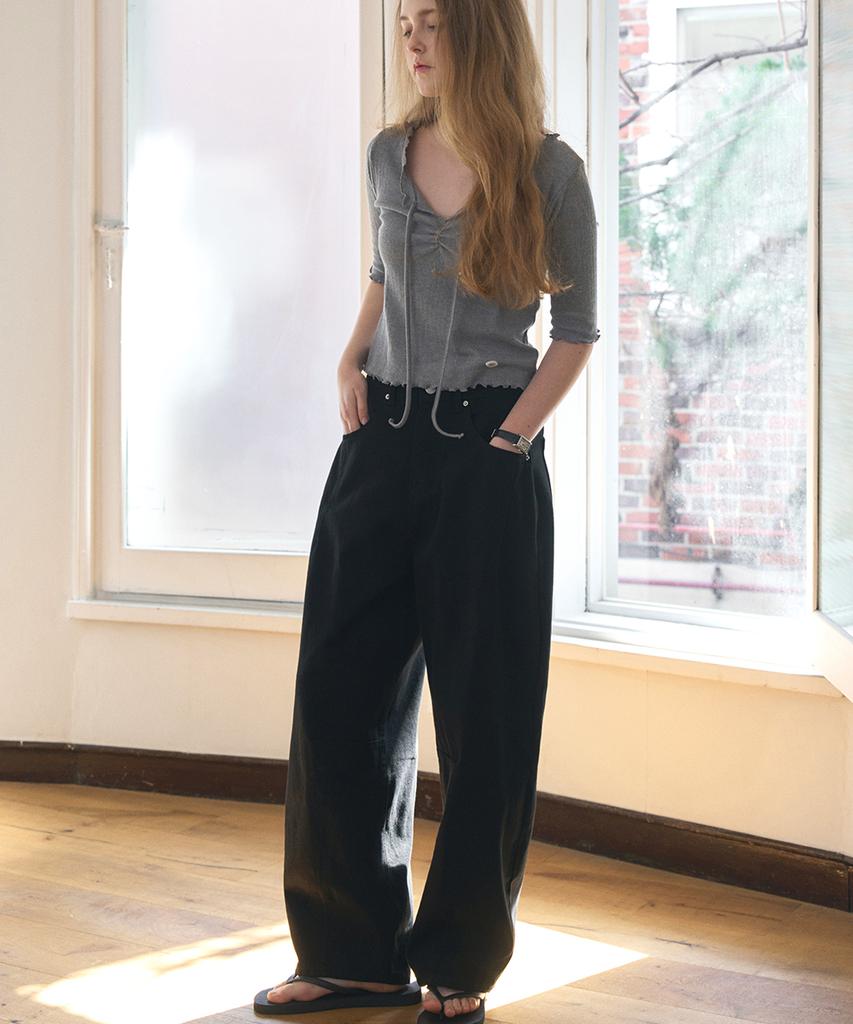 HAINT Wide Volume Baggy Fit Banding Cotton Pants 2Col_Black
