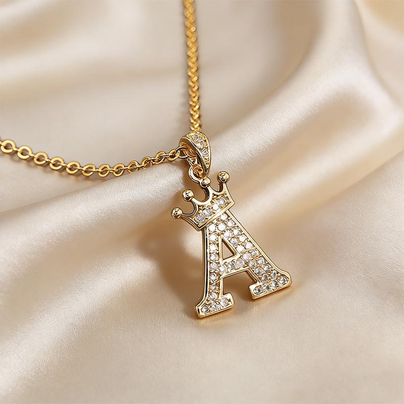 Fashion Cubic Zirconia Crown Letter Pendant Necklace Gold Hip Hop Punk Alphabet Jewelry
