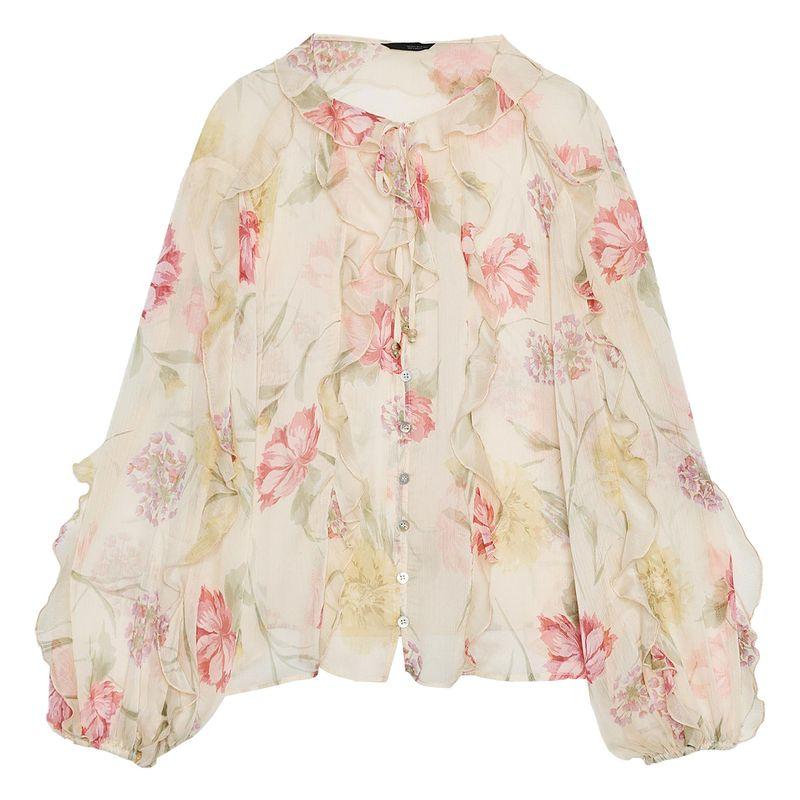 Zaprha 2025 Autumn New Western Style Beautiful Flowers Print Translucent Casual Shirts Women 6852111