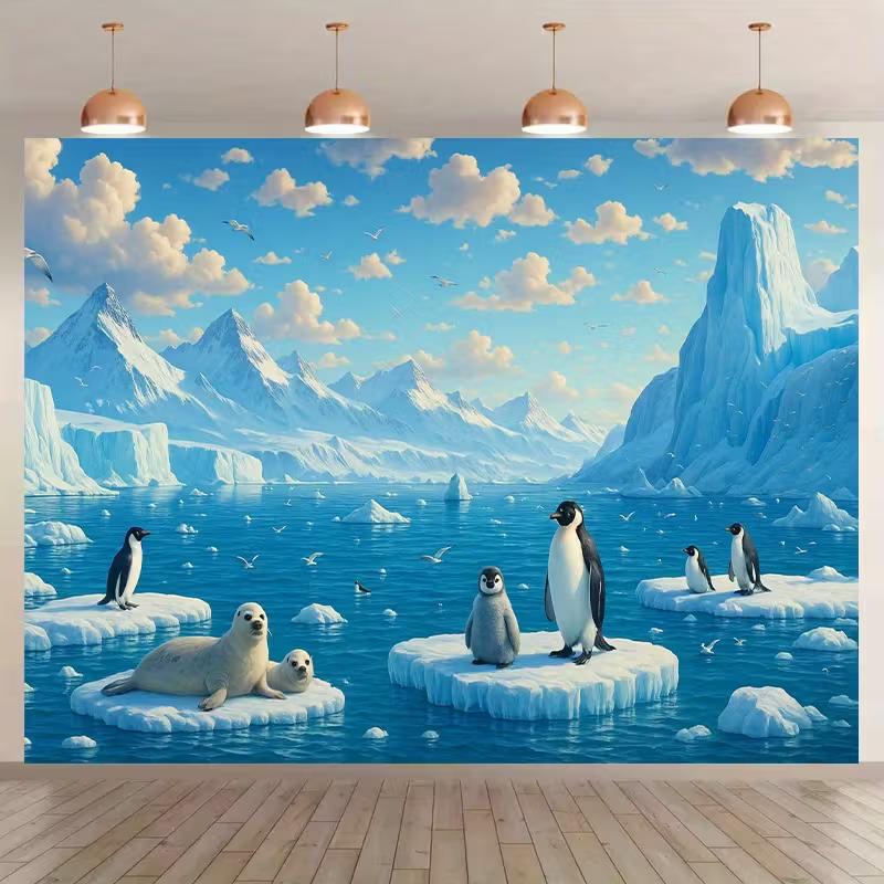 2D Cute Penguin & Seal Iceberg Background Cloth for Party Decoration 47.2x31.5inch/120*80cm