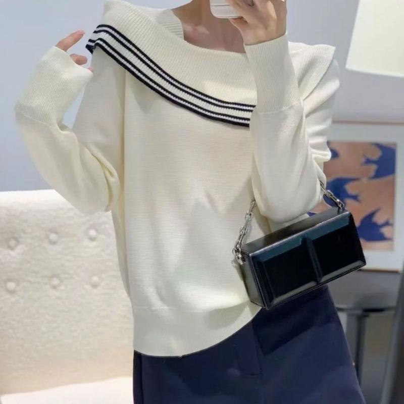 French High-end Slant Collar Off-shoulder Contrast Striped Sweater for Women Loose Slim and Versatile Long-sleeved