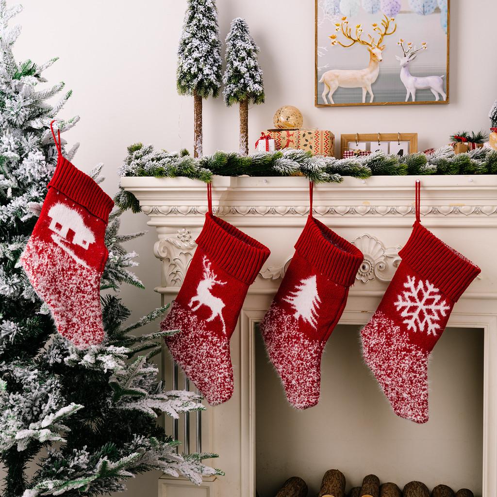 Beautiful Knitted Red Christmas Stockings With Festive Snowflakes For Gift Kids