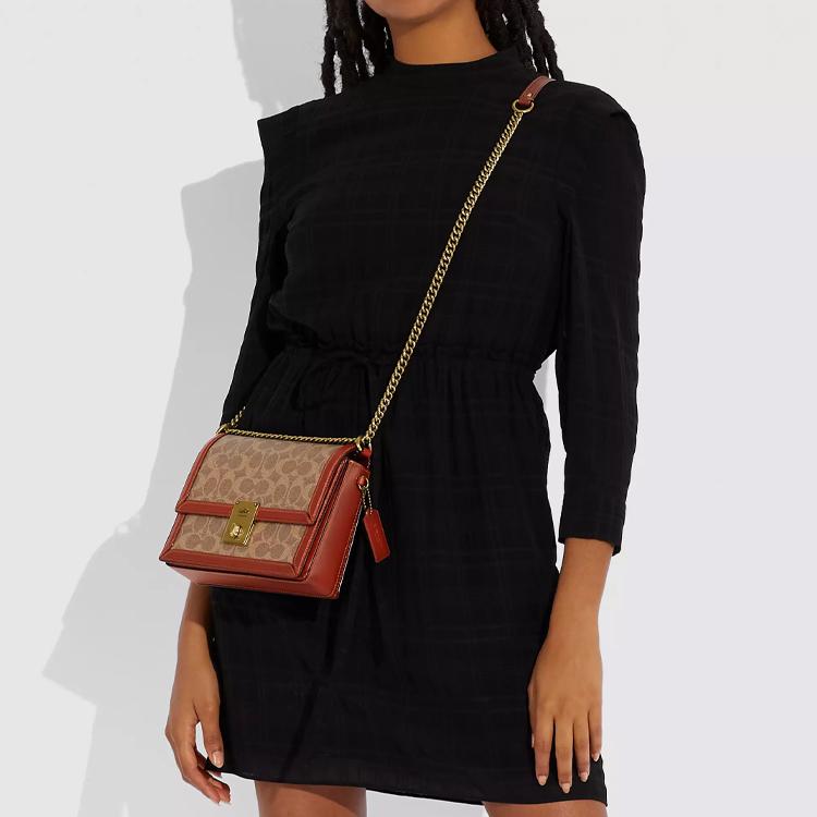 New COACH Hutton Cow Leather Envelope Bag Shoulder Bags Women's Brown Yellow CJ390-B4NQ4