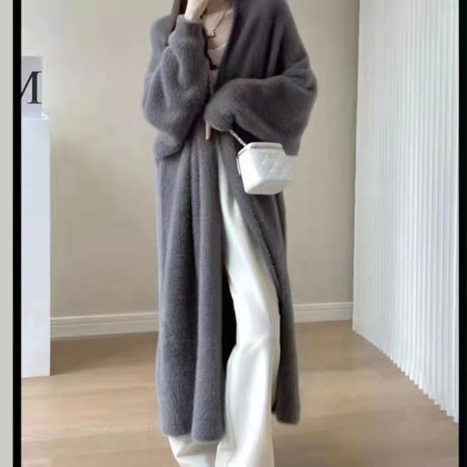White Long Cardigan for Women Winter Clothes Knitted Fluffy Long Sleeve Cashmere Sweater Coat Clotkorean Style Warm Vintage
